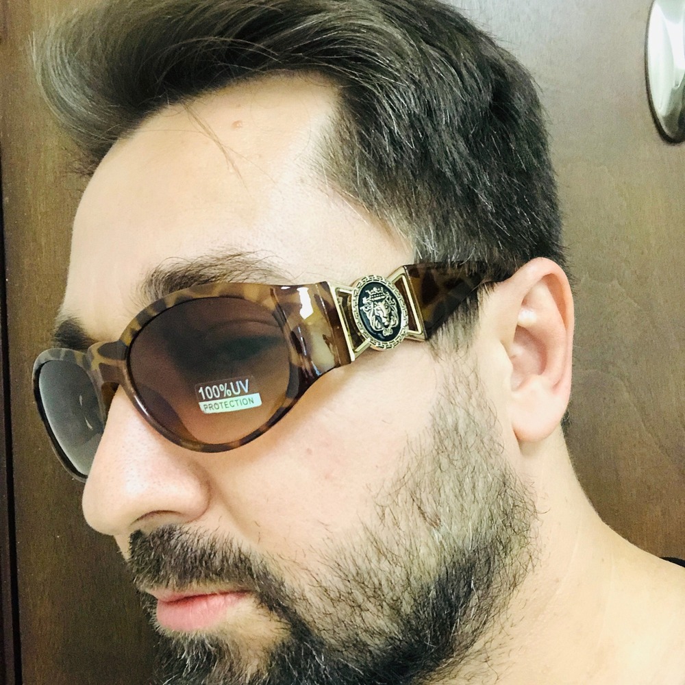 BROWN TORTOISE GOLD LION HEAD MEDALLION SQUARE SUNGLASSES RETRO DESIGNER FASHION - Picture 4 of 4